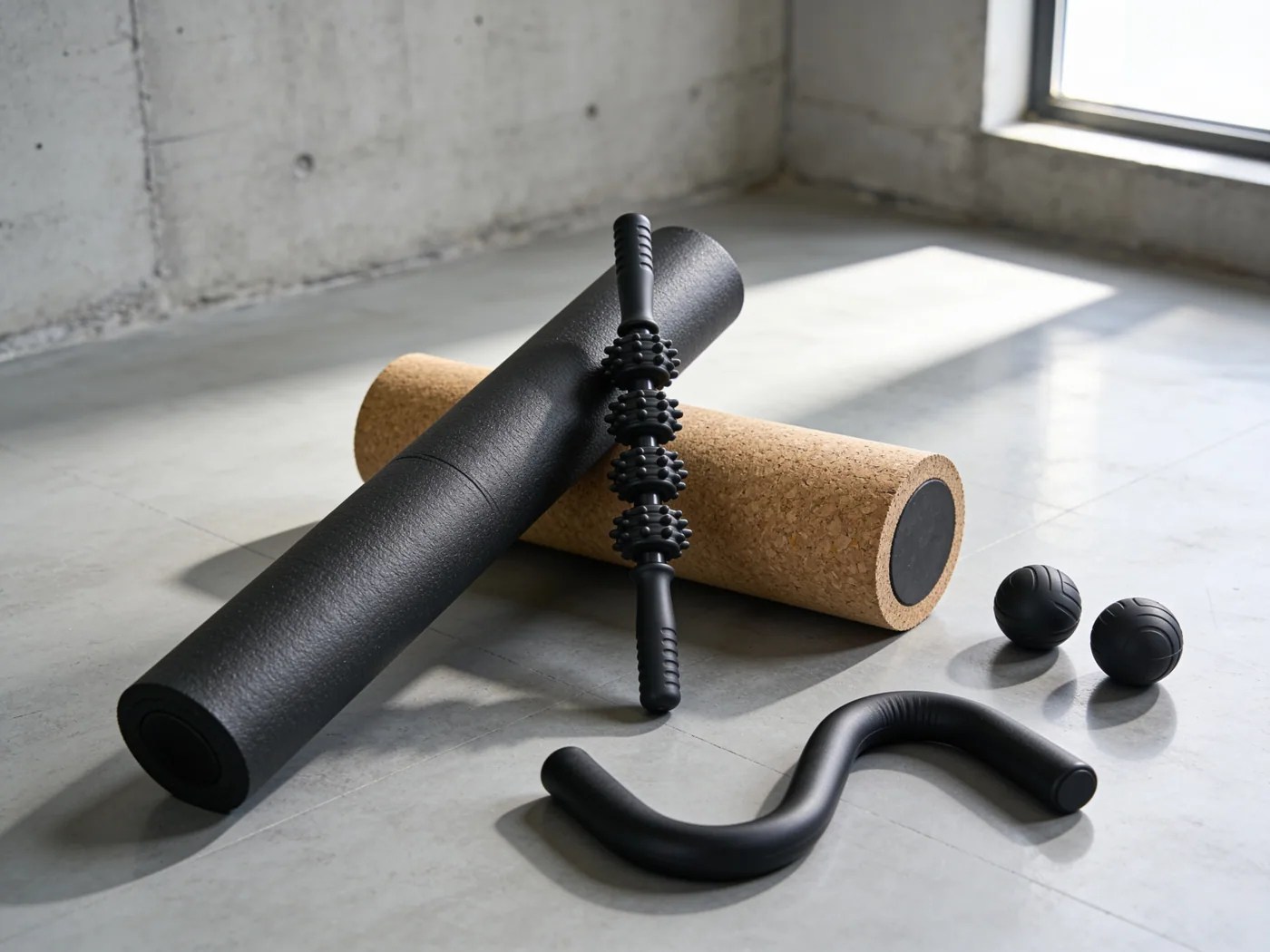 A long black foam roller standing on end beside two solid rubber balls and a spindled massage stick