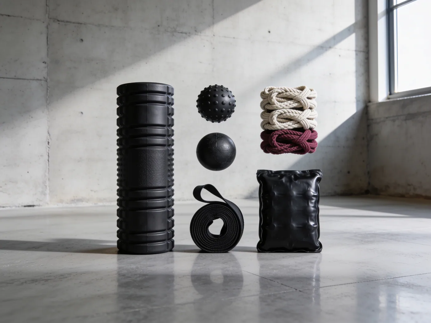 A roller, a pair of massage balls, a stretch strap and a folded band set grouped together