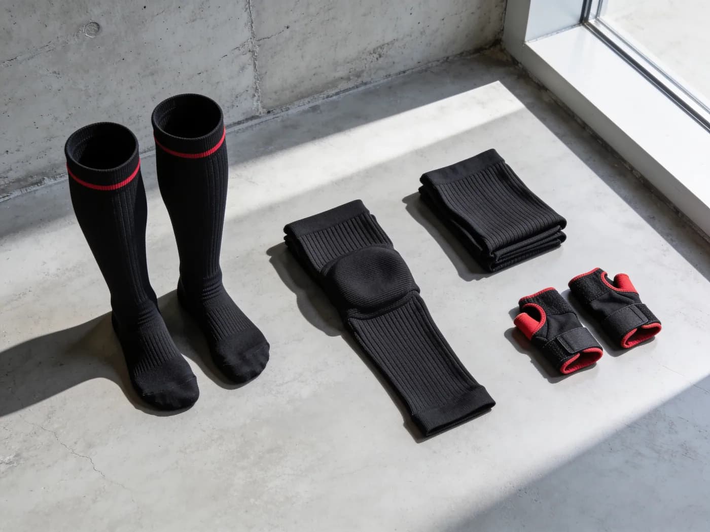 A folded pair of graduated calf sleeves with a knee sleeve and a wrist wrap arranged beside them