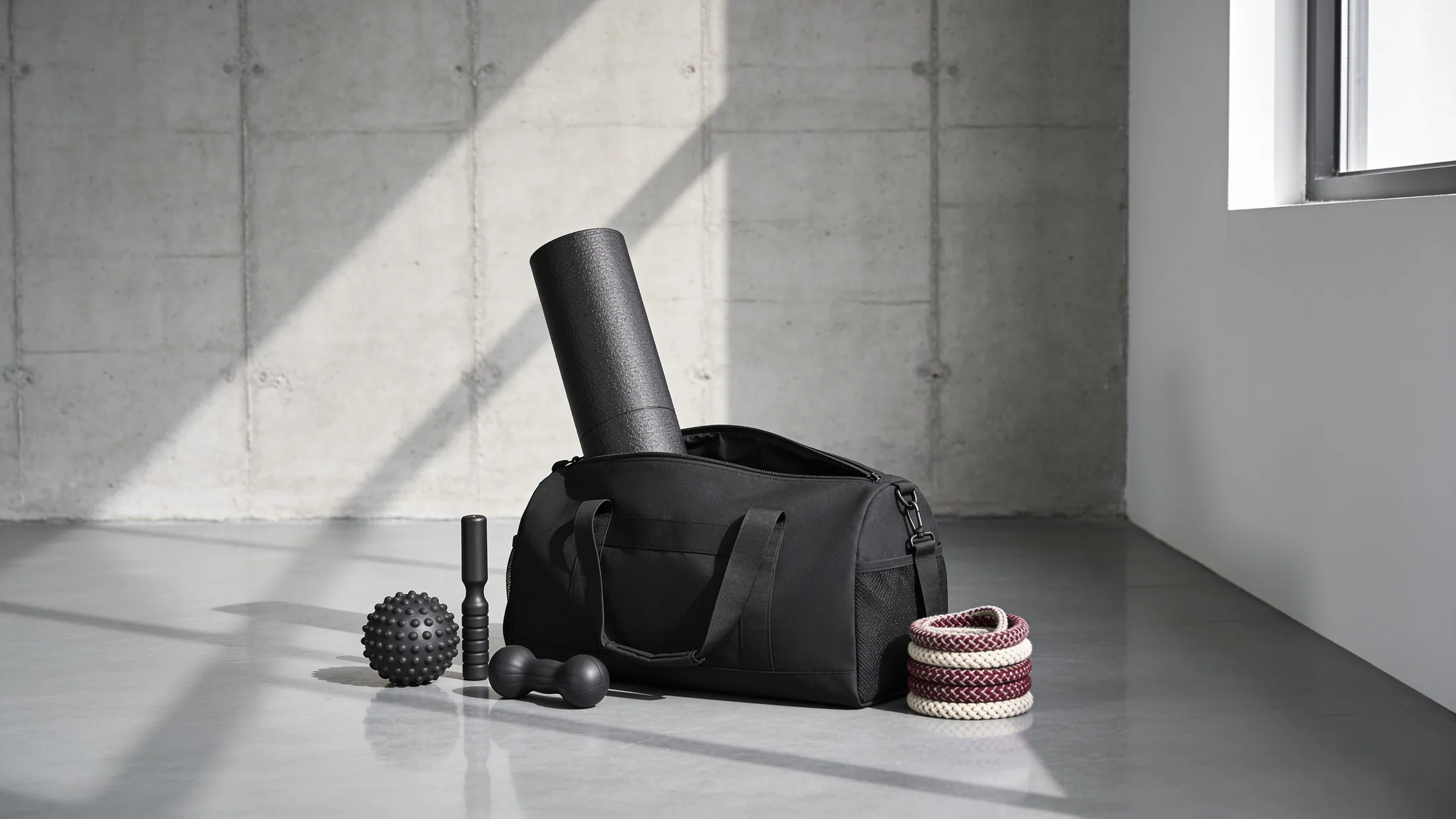 A roller, bands, a strap and a pair of sleeves laid out together on a concrete floor